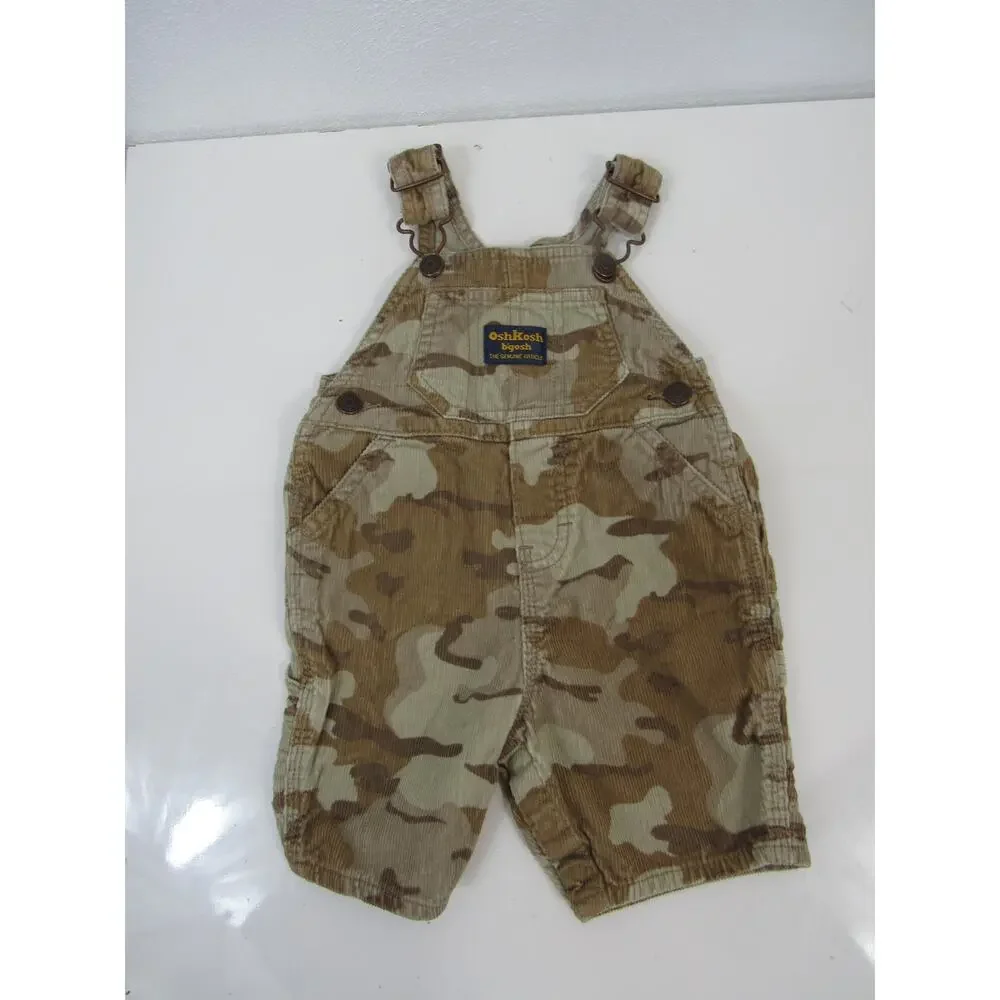 OshKosh B'Gosh 3M Corduroy Camoflauge Tan Vestbak Overalls Baby Cotton